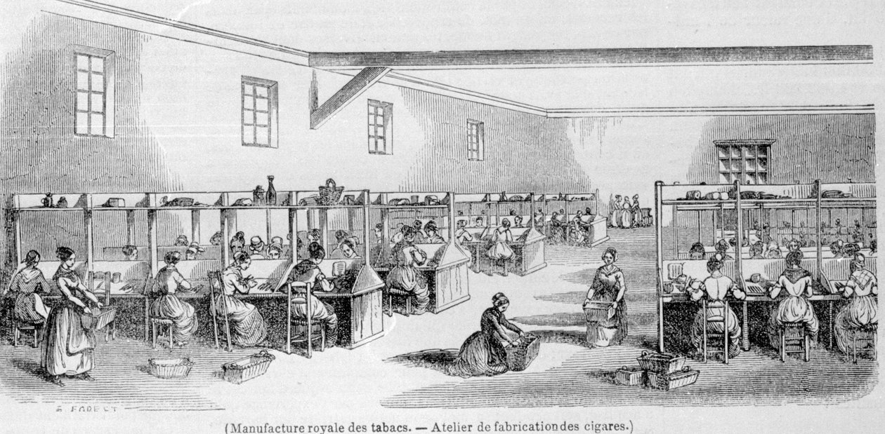 Royal Tobacco Manufacture: verksted for sigarproduksjon. 1800-talls gravering. av Unknown artist