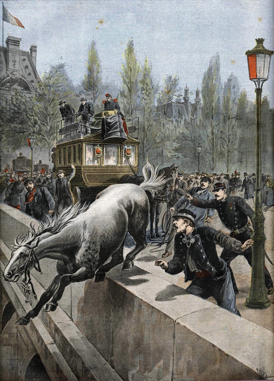 Kongebroen i Paris i 1898: en hest begikk selvmord (trykk) av Unknown Artist