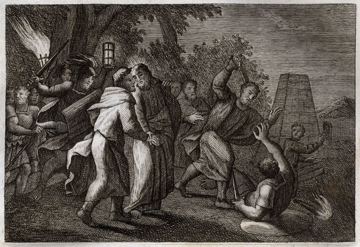 Royaumont Bibelen, Det nye testamente: Arrestering av Jesus Kristus eller Judas kyss. Soldatene kommer for å arrestere Kristus i Oljehagen. St. Peter kutter øret av en av dem. Illustrasjon fra 1811. av Unknown artist