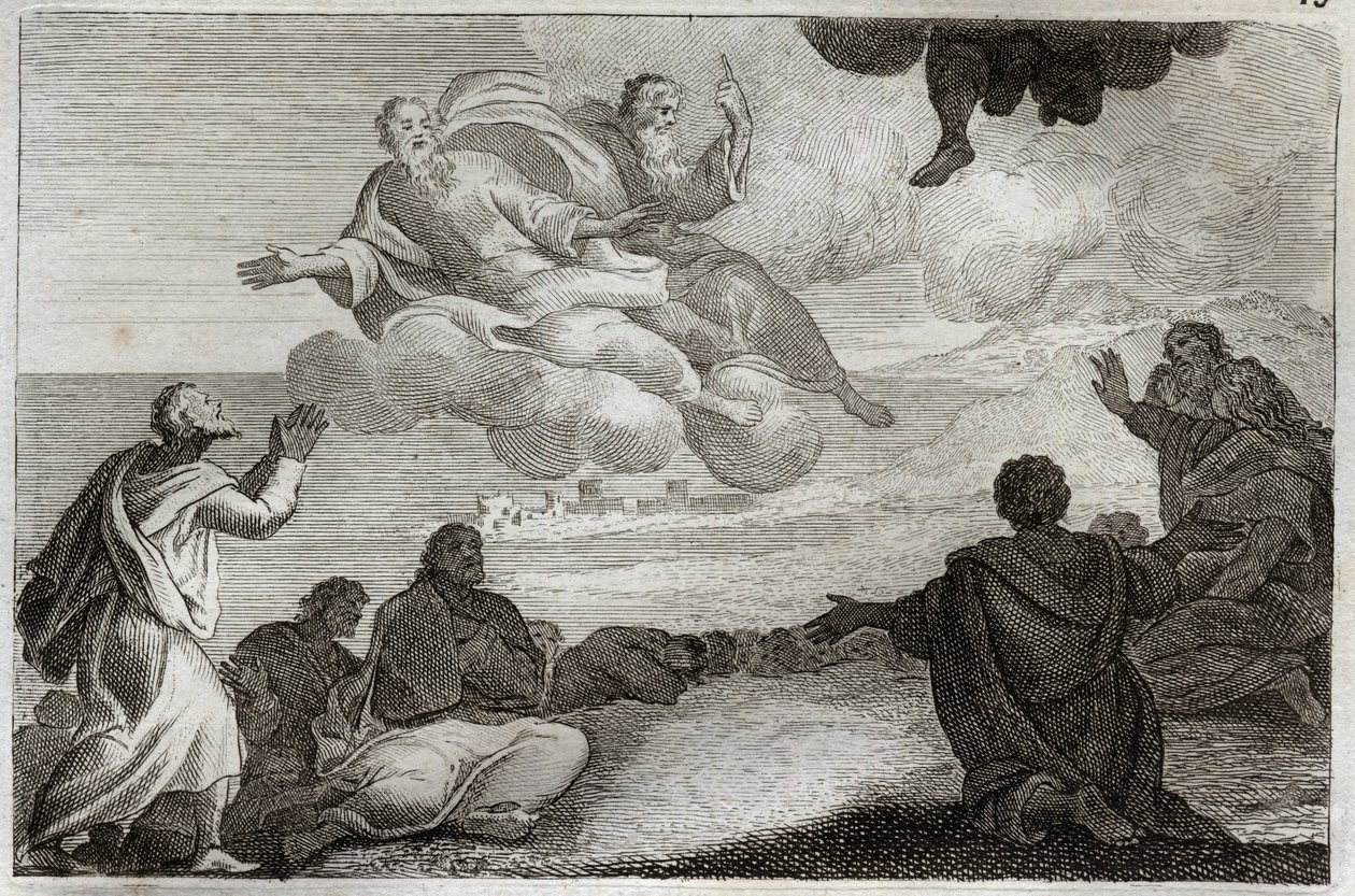 Royaumont Bibelen, Det nye testamente: Jesu Kristi himmelfart. Kristus blir tatt fra himmelen og velsignet apoterne før han forsvinner i en sky. Illustrasjon fra 1811. av Unknown artist