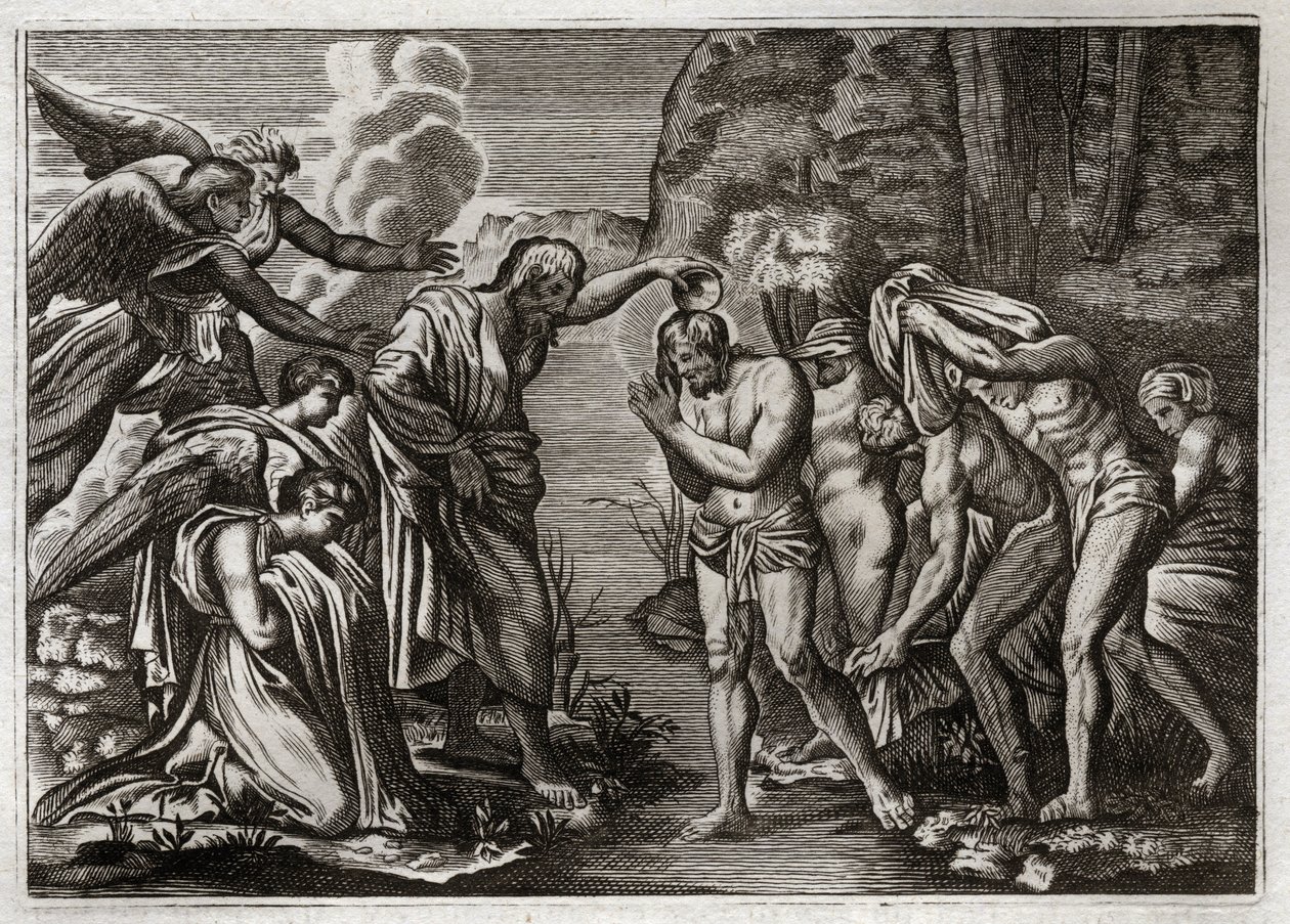 Royaumont Bibelen, Det nye testamente: Jesu Kristi dåp. Døperen Johannes døper Jesus Kristus i vannet i Jordanelven. Illustrasjon fra 1811. av Unknown artist