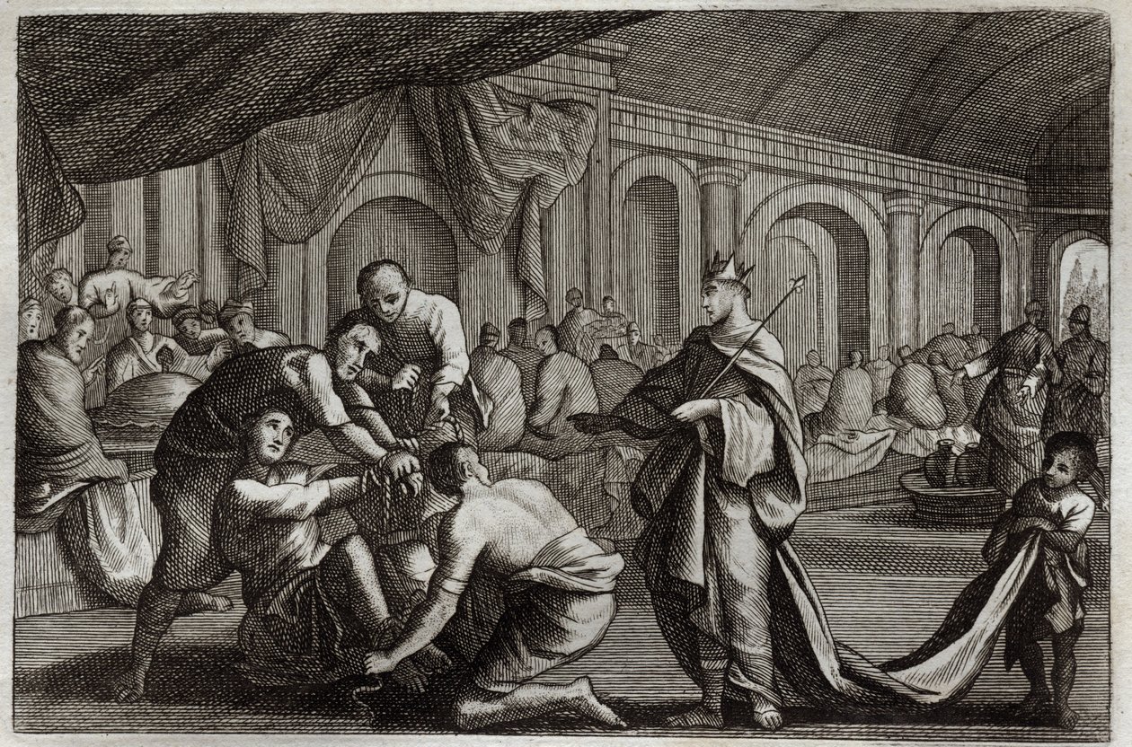Royaumont Bibelen, Det nye testamente: Brudekjole. Lignelse om en konge som foretok bryllupet til sin sønn, hvorfra han avviste en mann som ikke hadde brudekjolen. Illustrasjon fra 1811. av Unknown artist