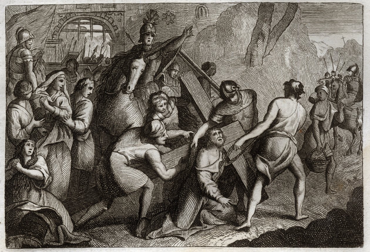 Royaumont Bibelen, Det nye testamente: Å bære korset (Korsets vei). Jesus Kristus bærer sitt kors til Golgata ved hjelp av Simon fra Kyrene (kyreneeren). Illustrasjon fra 1811. av Unknown artist