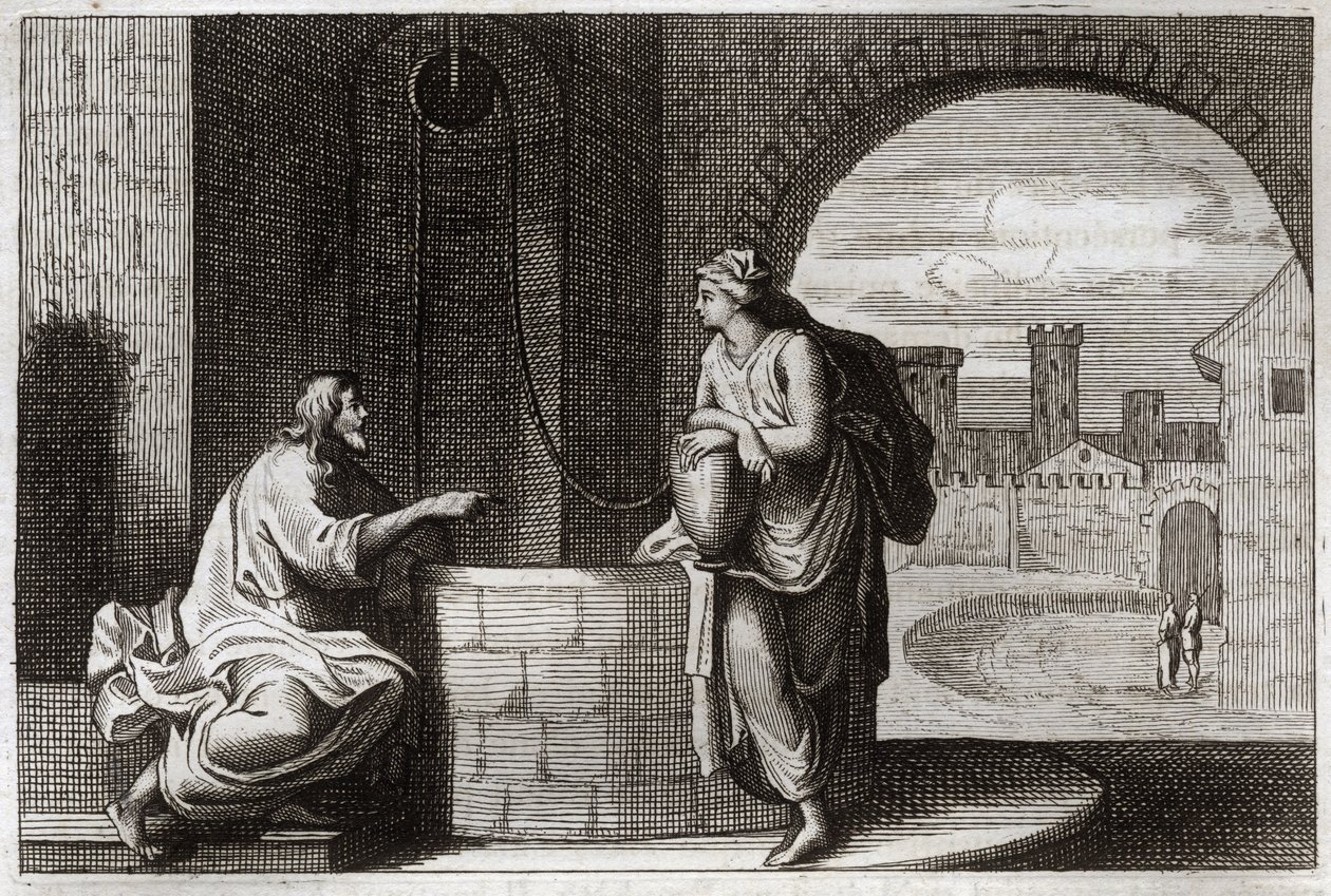 Royaumont Bibelen, Det nye testamente: Kristus og samaritanen ved brønnen. Jesus Kristus omvender en samaritansk kvinne. Illustrasjon fra 1811. av Unknown artist