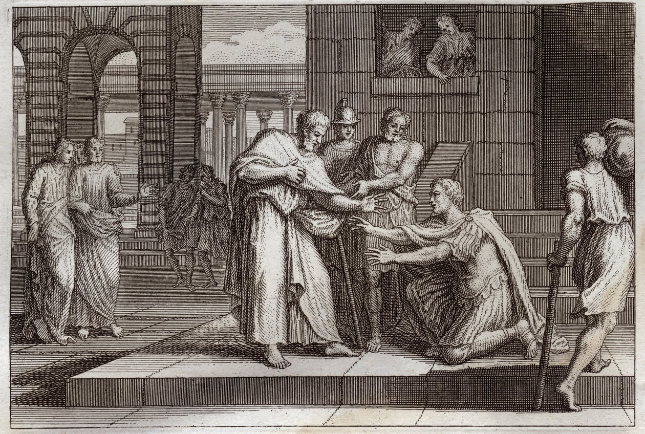 Royaumont Bible, New Testament: Cornelius baptizes. Crow the centurion receives the faith of Jesus Christ, and is baptized by St. Peter. Illustration from 1811. av Unknown artist