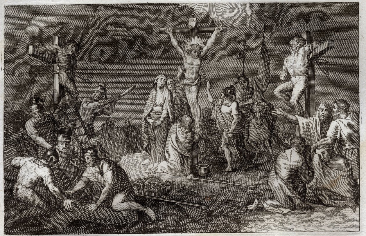 Royaumont Bible, New Testament: Crucifixion of Jesus Christ. The Virgin Mary, Saint Mary Magdalene and Saint John at the foot of the cross, Saint Longin the Centurion (Saint Longinus) with his spear, soldiers playing the tunic of Christ. On the sides, repr av Unknown artist