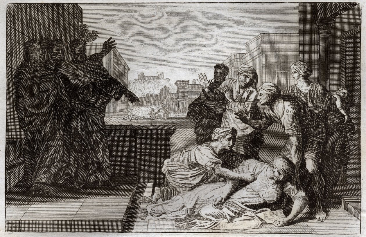 Royaumont Bible, New Testament: Death of Anania and his wife Saphire before St. Peter and St. John. Illustration from 1811. av Unknown artist
