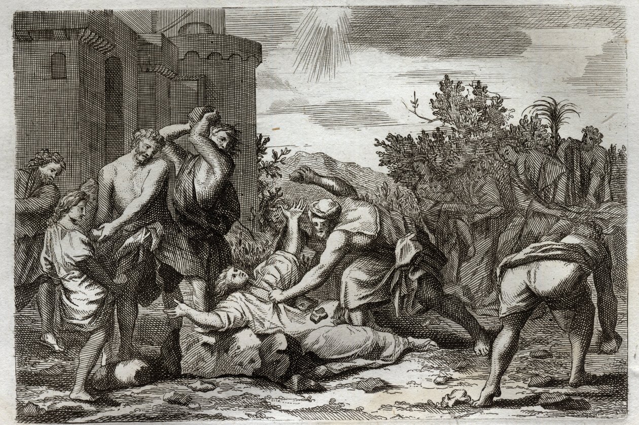 Royaumont Bibelen, Det nye testamente: St. Stephens død, første kristne martyr, ved steining. Illustrasjon fra 1811. av Unknown artist