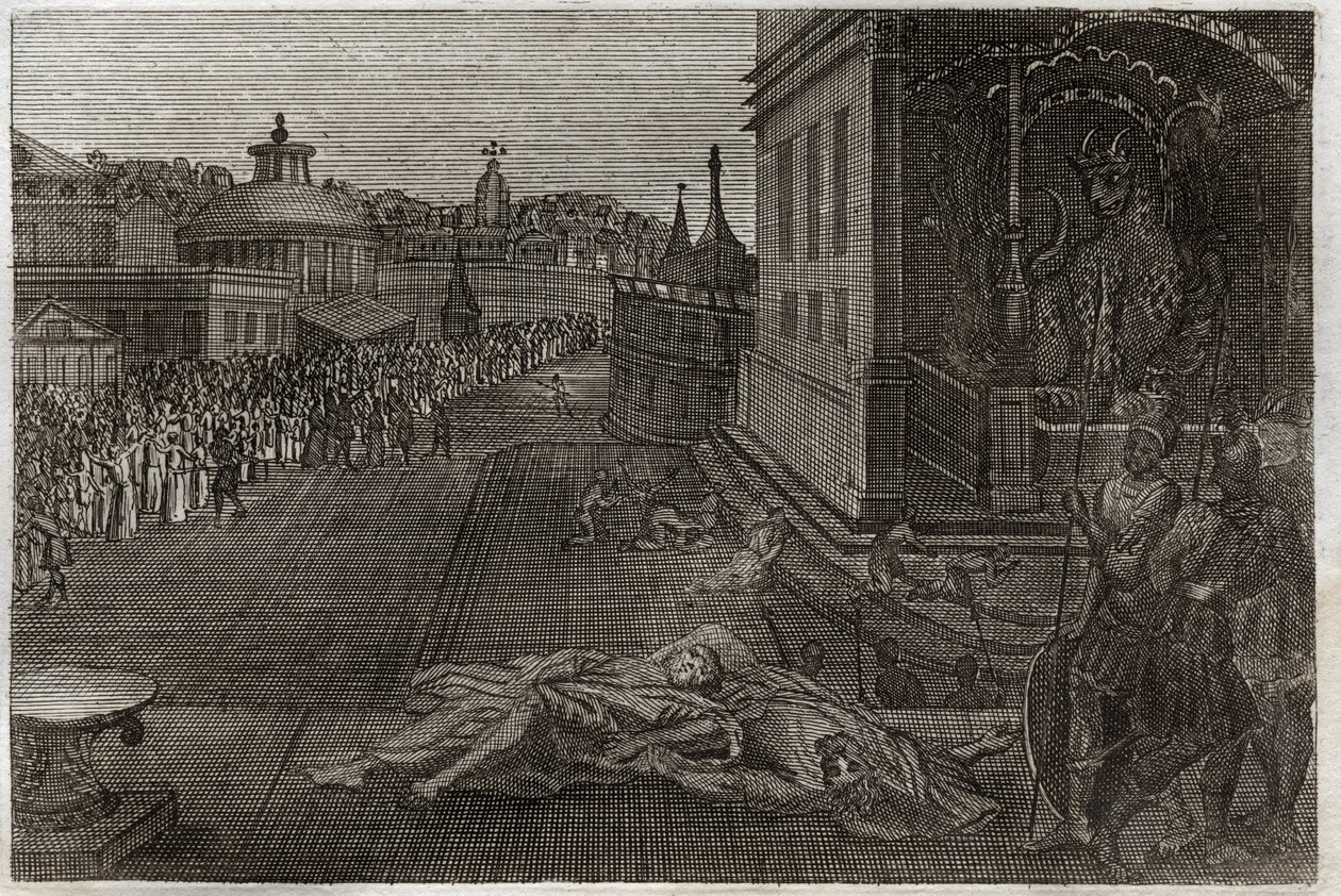 Royaumont Bible, New Testament: Death of the two Prophetes. The vision Saint John had of two dead Prophetes, who then resurrected. Seventh trumpet of Revelation. Illustration from 1811. av Unknown artist