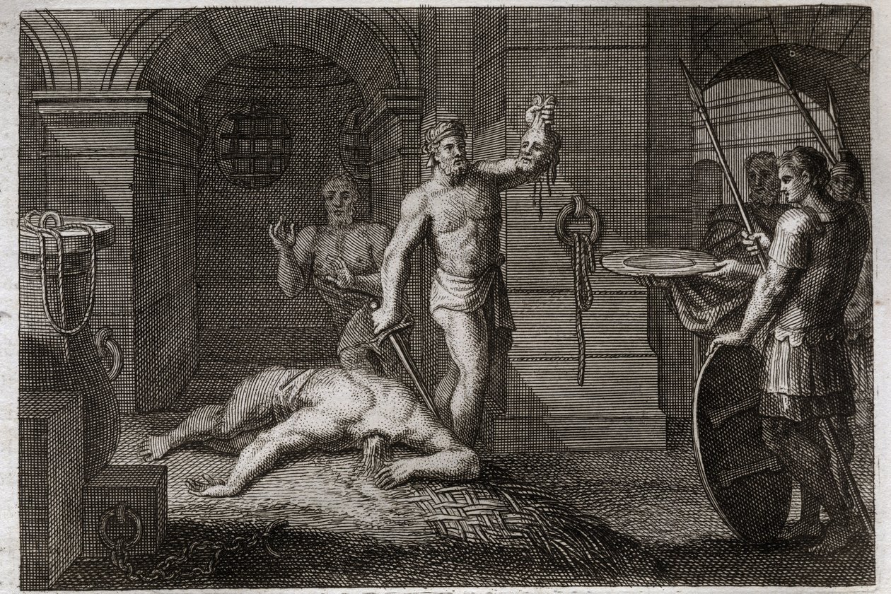 Royaumont Bible, New Testament: Decollation of Saint John the Baptist. One puts his head on a plateau. Illustration from 1811. av Unknown artist