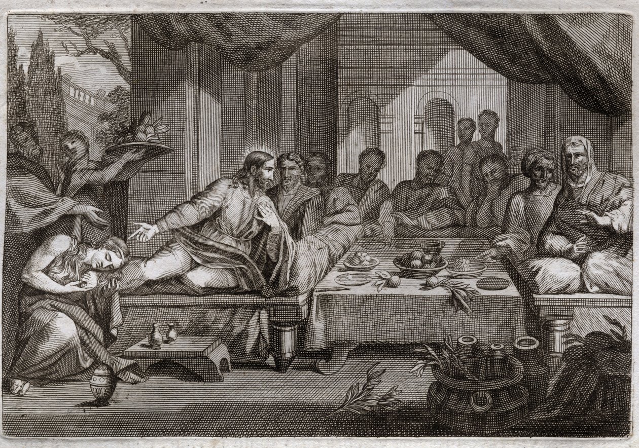 Royaumont Bibelen, Det nye testamente: Middag hos fariseeren Simon. Maria Magdalena gikk for å gråte ved Jesu Kristi føtter hos fariseeren Simon, og fikk tilgivelse for sine synder. Hun salver Kristi føtter med salve og tørker dem med håret. Il av Unknown artist