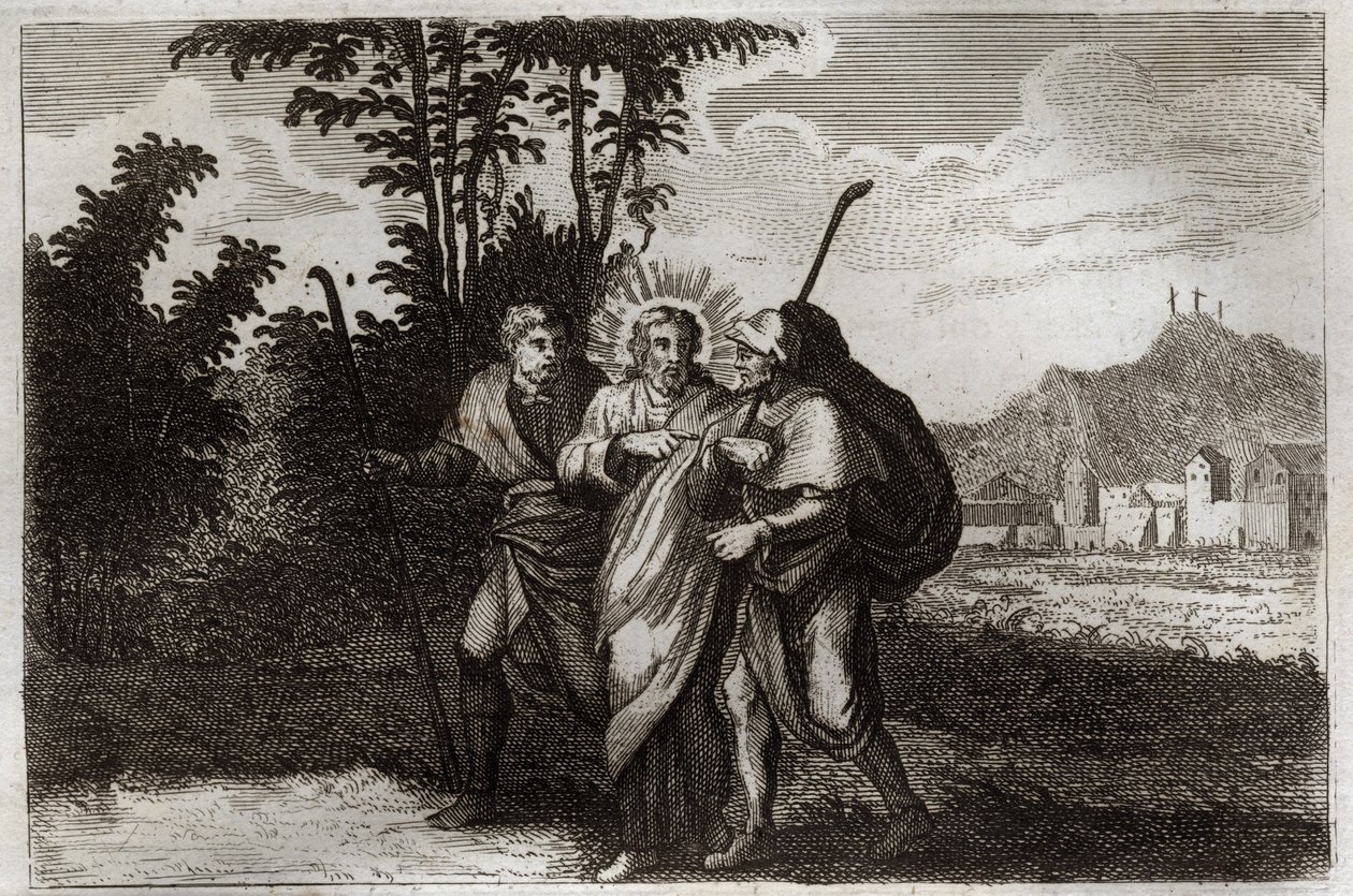 Royaumont Bibelen, Det nye testamente: Emmaus disipler. De to disiplene til Emmaus) møter den oppstandne Kristus. Illustrasjon fra 1811. av Unknown artist