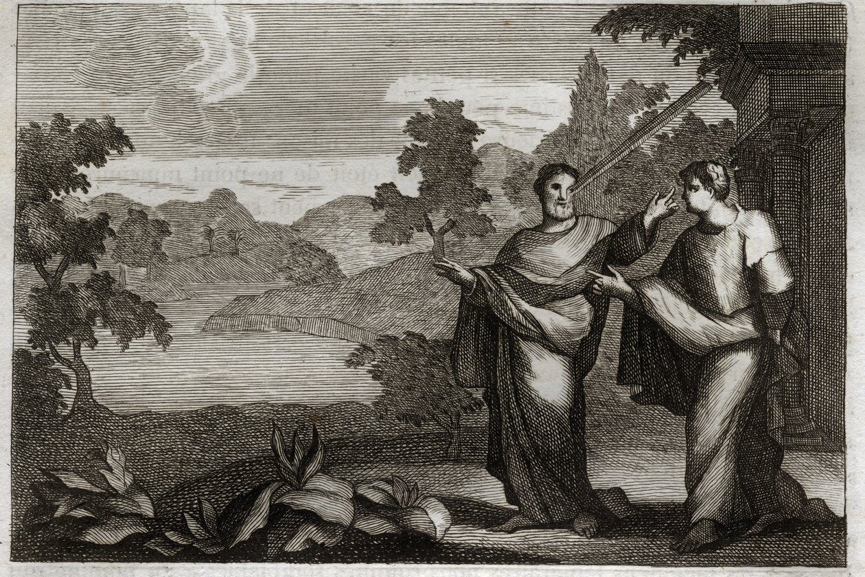 Royaumont Bibelen, Det nye testamente: Ikke døm andre. Når du har en bjelke i øyet, skal du ikke bry deg om å trekke et sugerør fra din brors øye (lignelse om halmen og bjelken). Illustrasjon fra 1811. av Unknown artist