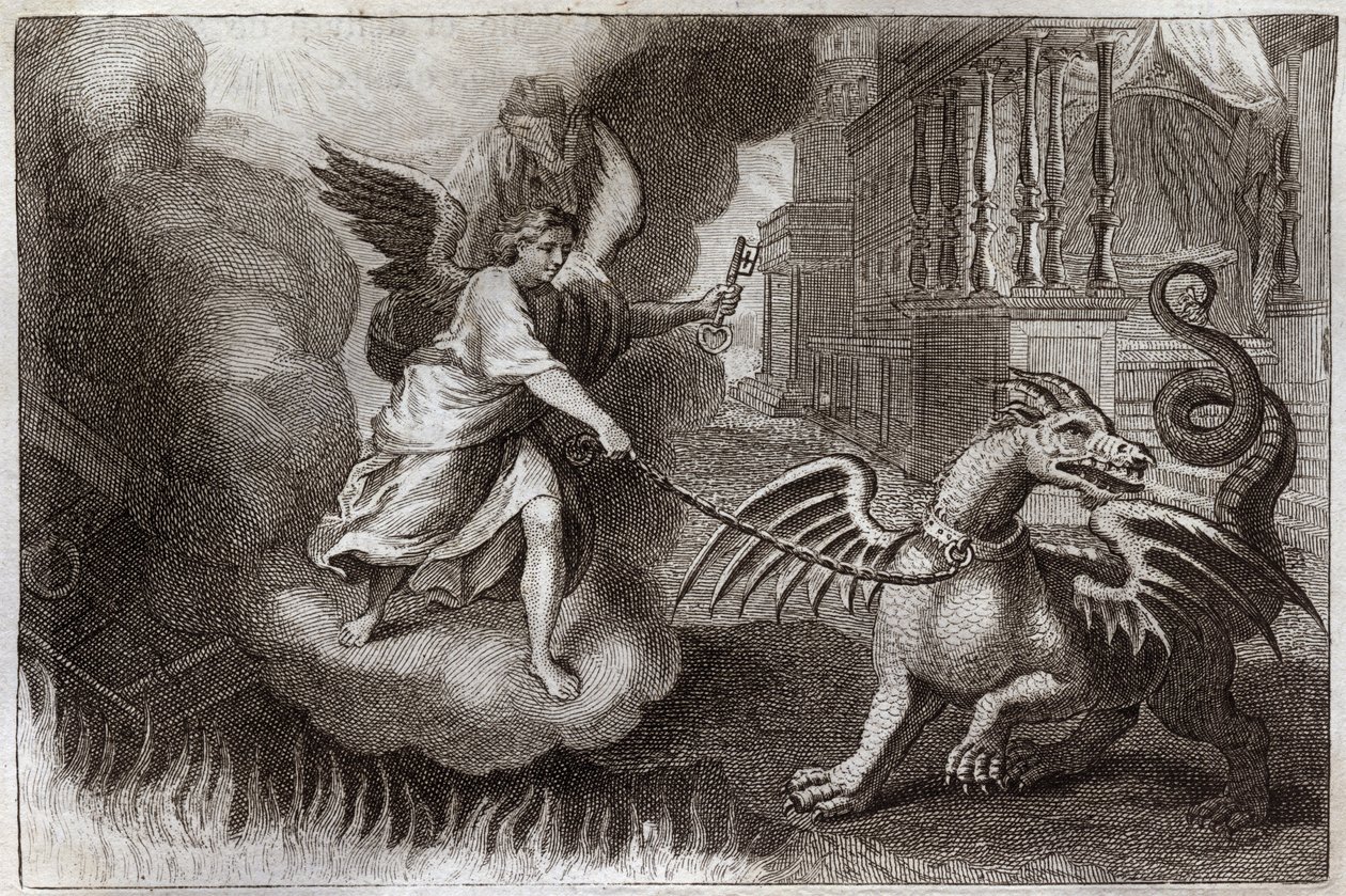 Royaumont Bibelen, Det nye testamente: Dragekjeder. Åpenbaringsdragen, symbolet på Djevelen, er lenket av en engel som holder nøkkelen til abime. Illustrasjon fra 1811. av Unknown artist