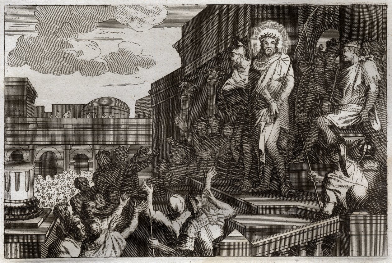 Royaumont Bibelen, Det nye testamente: Ecce homo. Pontius Pilatus (Pontius Pilatus) presenterer Jesus Kristus med torner for mengden og sier: "Her er mannen". Illustrasjon fra 1811. av Unknown artist