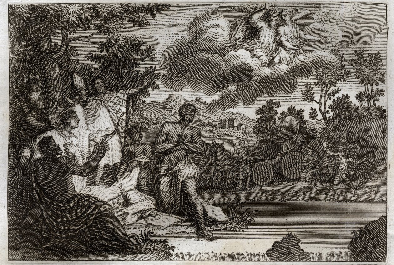 Royaumont Bibelen, Det nye testamente: Eunuk døper. Saint Philip Deacon kunngjør tro til en evnukk av dronningen av Etiopia og døper ham. Illustrasjon fra 1811. av Unknown artist