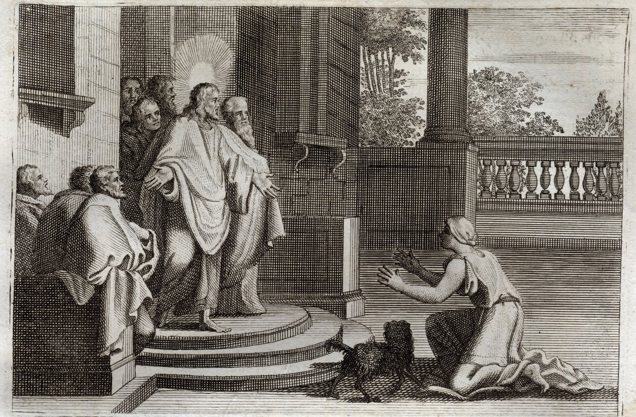 Royaumont Bibelen, Det nye testamente: Jesus Kristus og Kanaans hustru (Kanan eller den fremmede kvinnen). En bonde ber Herren om hjelp til å helbrede datteren hennes. Kristus svarte ham: "Jeg ble bare sendt til de tapte sauene av Israels hus." Illustrasjo av Unknown artist