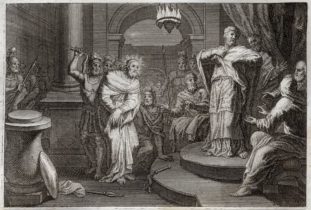 Royaumont Bibelen, Det nye testamente: Jesus Kristus før Caiphus og Anan (Hanan eller Anne eller Hanne). Illustrasjon fra 1811. av Unknown artist