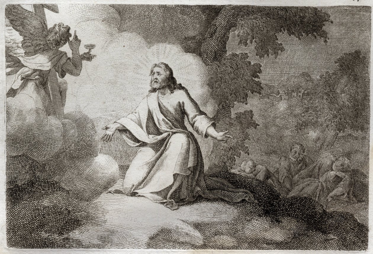 Royaumont Bibelen, Det nye testamente: Jesus Kristus i hagen (bønn på Oljeberget). En engel som holder en kalk viser seg for Jesus. Apoterne til St. Peter, St. John og St. James sover. Illustrasjon fra 1811. av Unknown artist