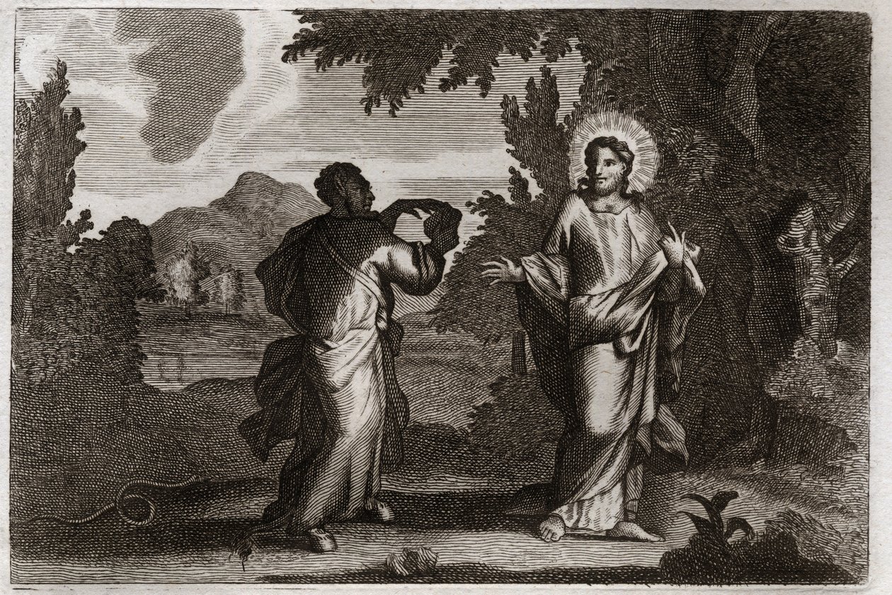 Royaumont Bibelen, Det nye testamente: Jesus Kristus i ørkenen. Jesus blir drevet ut i ørkenen. Han unge førti dager og førti netter. Han blir fristet av demonen som inviterer ham til å gjøre steiner om til brød. Illustrasjon fra 1811. av Unknown artist