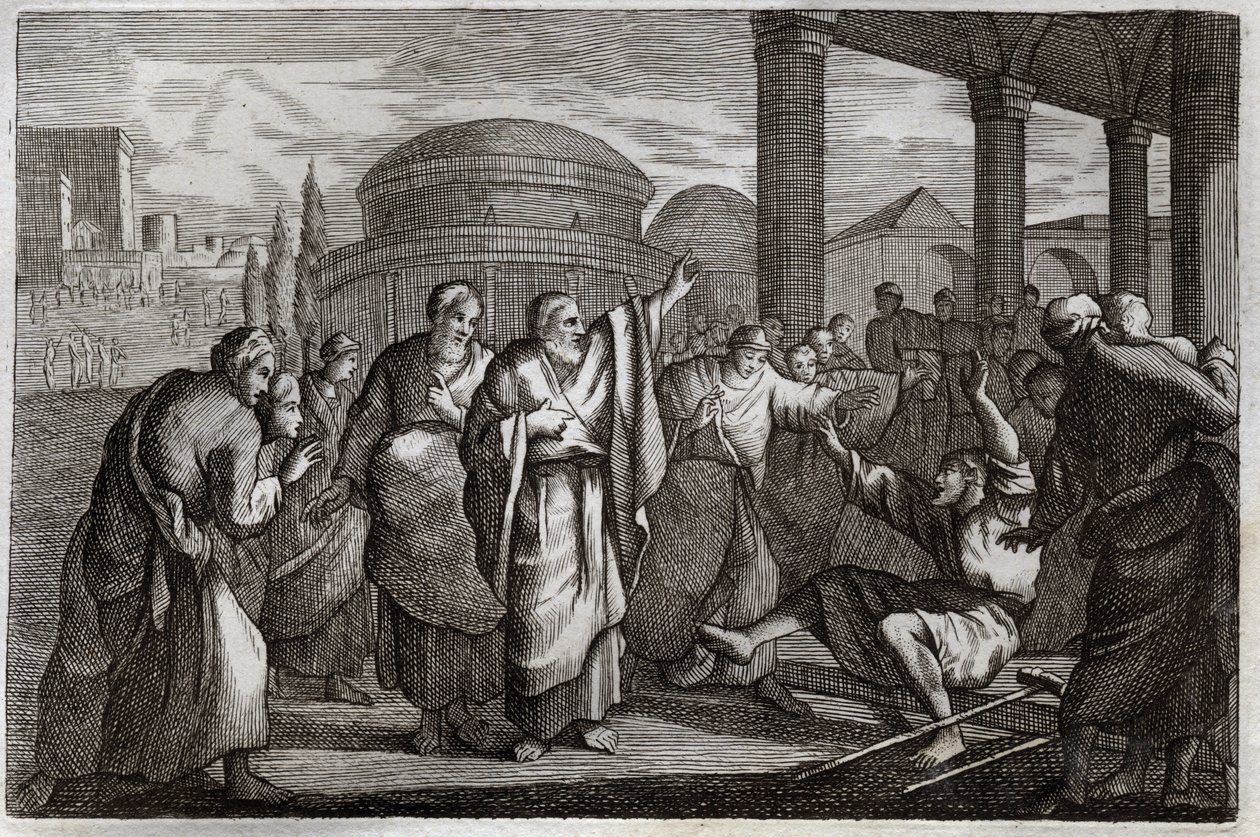 Royaumont Bible, New Testament: Lame gueri. Saint Paul warriors a lame and arrests a people who wanted to sacrifice to him like a God. Illustration from 1811. av Unknown artist