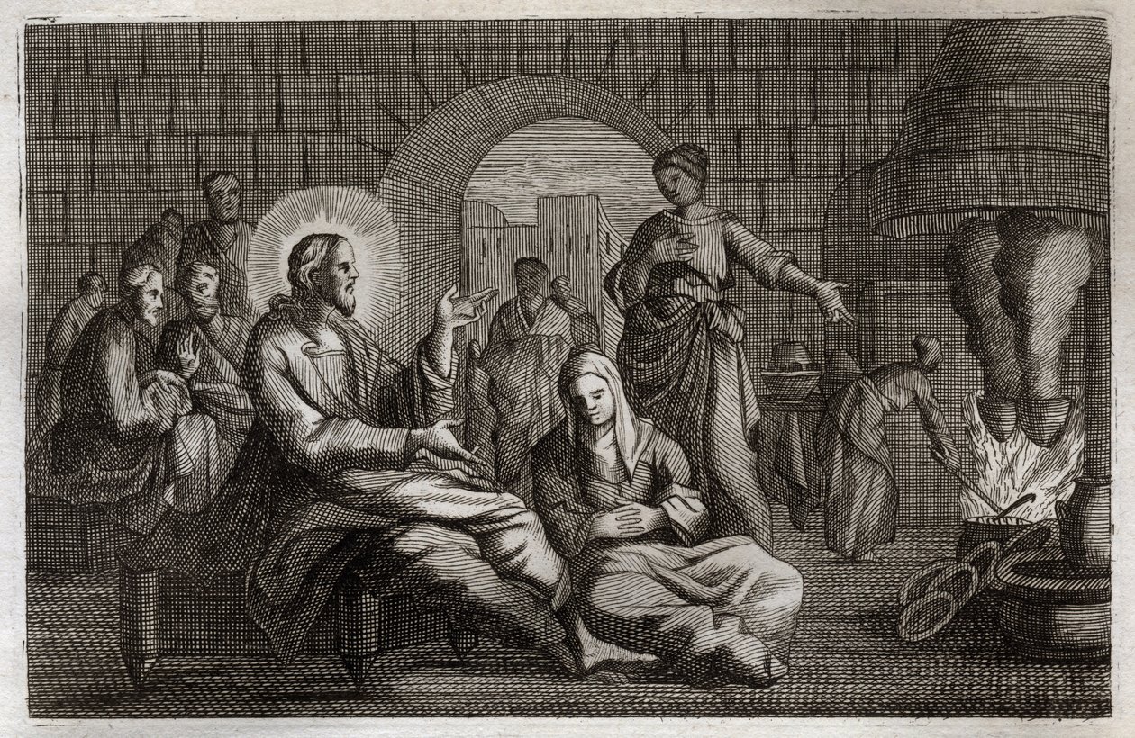 Royaumont Bibelen, Det nye testamente: Marta og Maria. Jesus Kristus går inn i huset til Marta, som skynder seg å ta imot ham mens søsteren hans, Maria av Betania, hører hans ord. Illustrasjon fra 1811. av Unknown artist