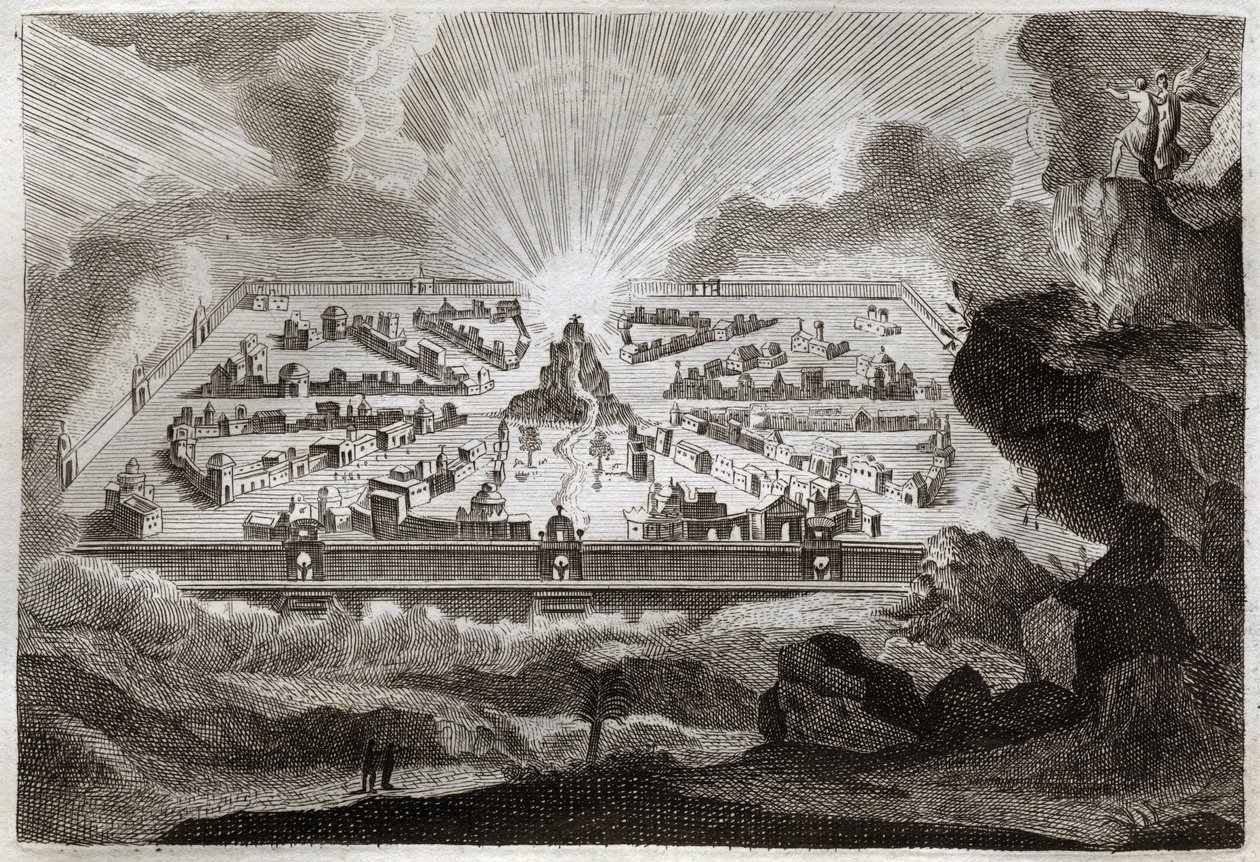 Royaumont Bibelen, Det nye testamente: Det nye Jerusalem. Engelen viser Johannes det nye Jerusalem. Illustrasjon fra 1811. av Unknown artist