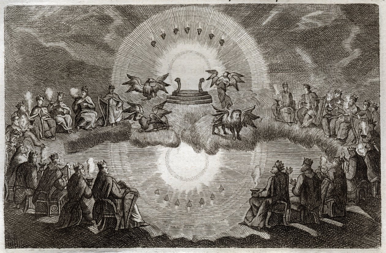 Royaumont Bible, New Testament: Open Heaven. A trone appears surrounded by a lion, an ox, a man and an eagle (tetramorph) and seven lamps. Twenty-four old people sitting on trones surround this vision. Illustration from 1811. av Unknown artist