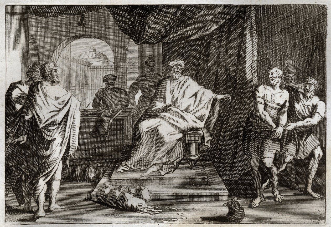 Royaumont Bibelen, Det nye testamente: lignelse om talenter. En mester straffer en av sine tjenere som gjemte pengene han ga ham. Illustrasjon fra 1811. av Unknown artist