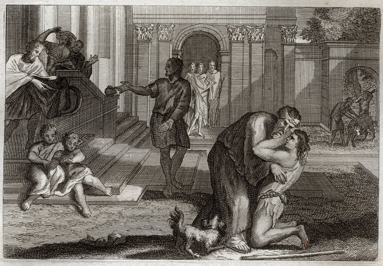 Royaumont Bible, New Testament: Parable of the Prodigal Child. The son returns home after he left and lost all his possessions. He