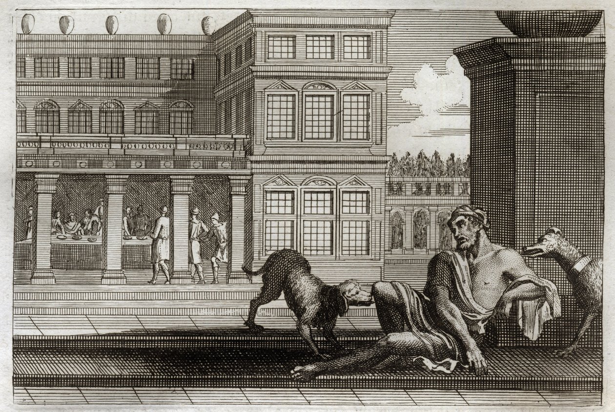 Royaumont Bible, New Testament: Parable of the evil rich represents at the table in the back and Lazarus the beggar, whose dogs of the rich lick the wounds. Illustration from 1811. av Unknown artist