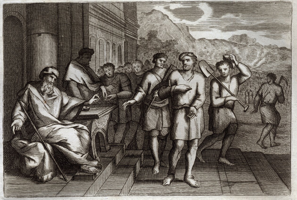 Royaumont Bibelen, Det nye testamente: Lignelse om vinarbeidere eller lignelse om arbeidere i den ellevte time. Arbeidere som familiefaren sender for å jobbe i sin vingård. Illustrasjon fra 1811. av Unknown artist