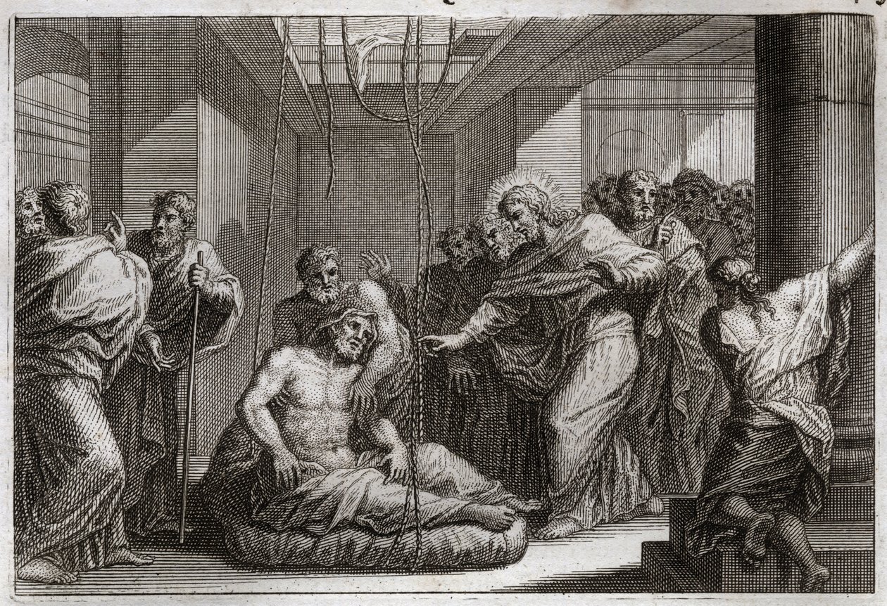 Royaumont Bibelen, Det nye testamente: paralytisk. Jesus Kristus kalte Saint Matteus, og helbredet en lam i Capharnaeum. Illustrasjon fra 1811. av Unknown artist