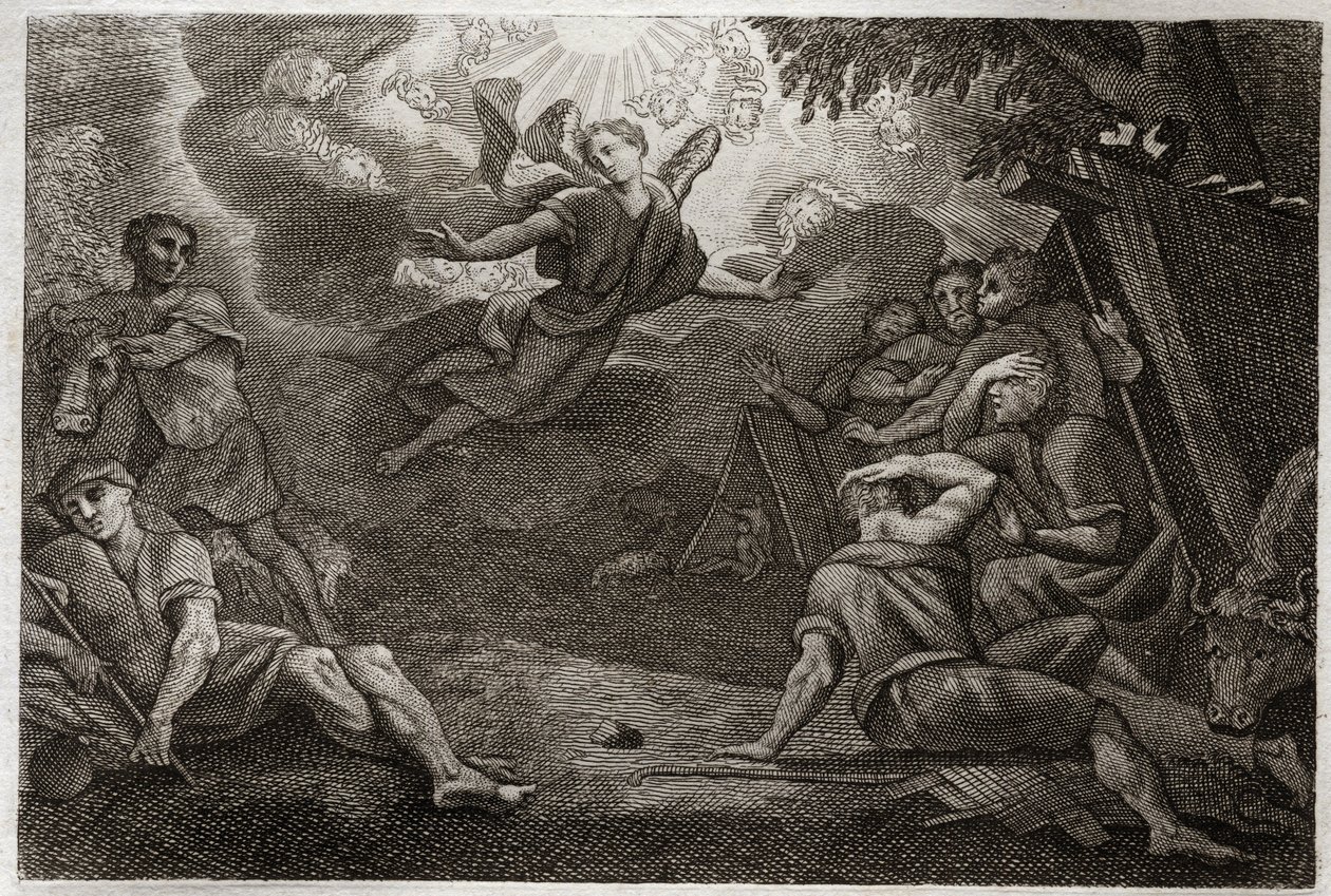 Royaumont Bible, New Testament: Pastors at the Crech. An Angel announces the Birth of Jesus Christ to the Pastors (Annunciation to the Shepherds). Illustration from 1811. av Unknown artist