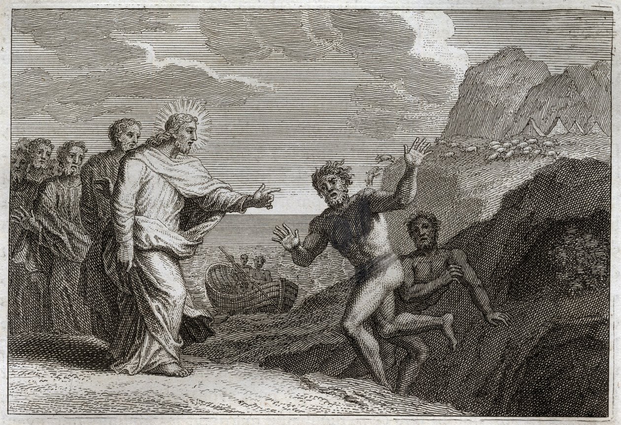 Royaumont Bibelen, Det nye testamente: Possede gueri. Jesus Kristus helbredet en besatt som demonen gjorde rasende. Illustrasjon fra 1811. av Unknown artist