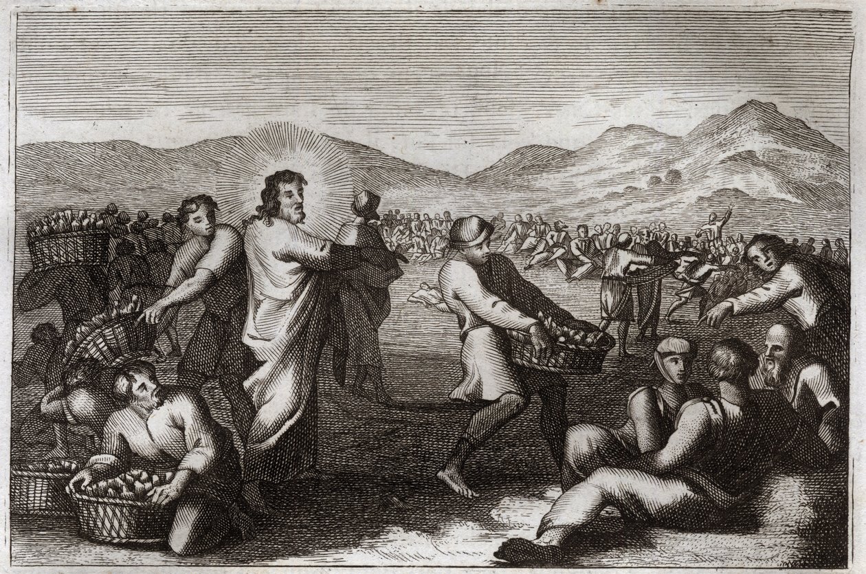 Royaumont Bible, New Testament: Propagation of loaves. Jesus Christ multiplies five loaves, and feeds five thousand men. Illustration from 1811. av Unknown artist