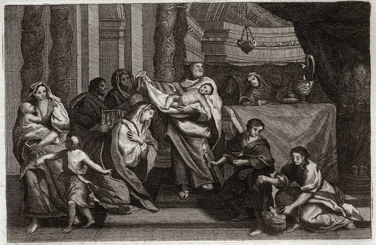Royaumont Bibelen, Det nye testamente: Rensing av jomfruen eller presentasjon i tempelet. Den hellige familie tilbyr Jesus Kristus til tempelet og gir det til Symeon (eller Simeon eller Simon). En kvinne holder to duer i en kurv. Illustrasjon fra 1811. av Unknown artist