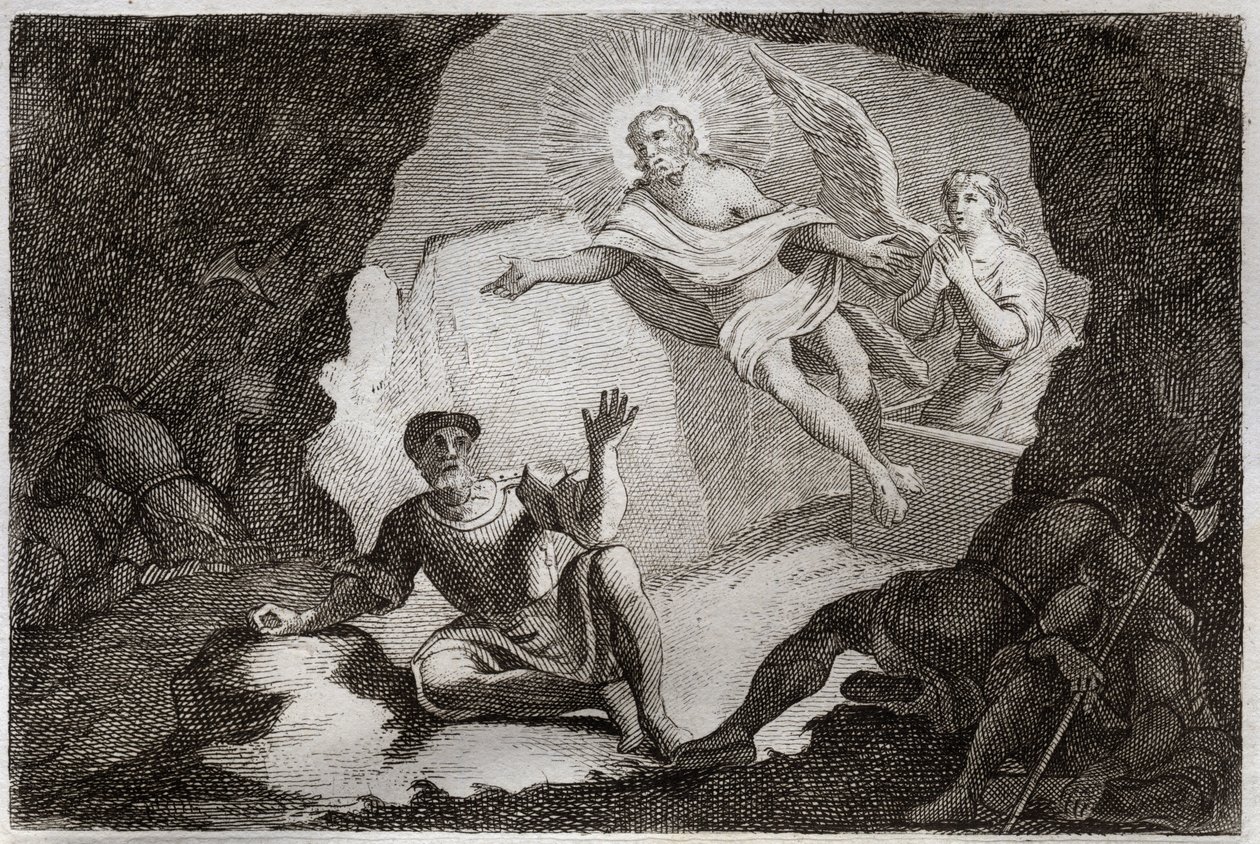 Royaumont Bibelen, Det nye testamente: Oppstandelse. Jesus Kristus reiser seg fra graven sin under ærefrykt for de romerske soldatene som hadde sovnet. Illustrasjon fra 1811 (gravering) av Unknown artist