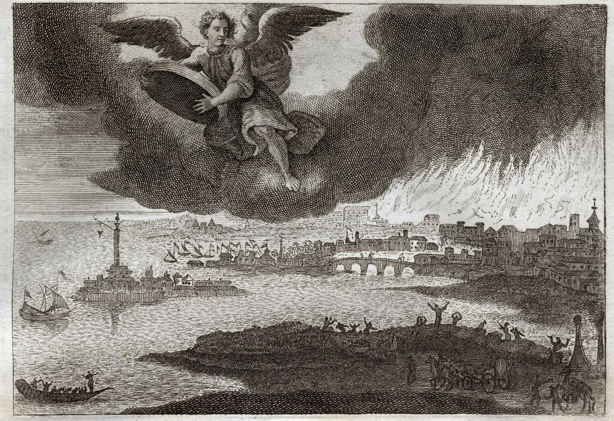 Royaumont Bible, New Testament: Ruin of Babylon. Babylon on fire, an angel throws a stone at the sea, symbolizing the destruction of this city during the Revelation. Illustration from 1811. av Unknown artist