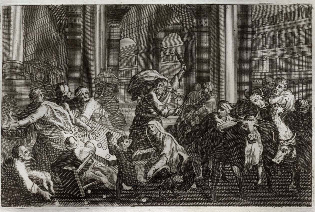 Royaumont Bible, New Testament: Sellers Hunt from the Temple. Jesus Christ drives away from the Temple those who profaned him by the traffic they were doing there. Illustration from 1811. av Unknown artist