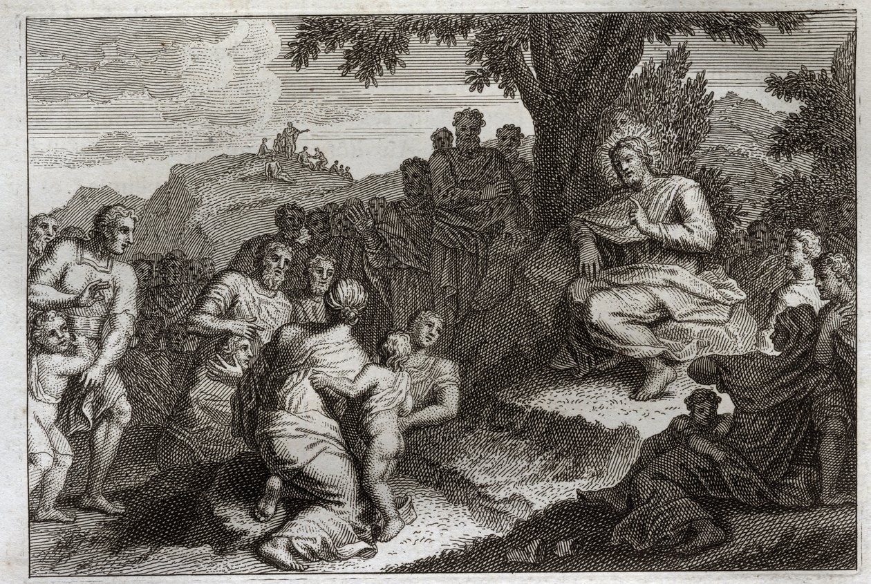 Royaumont Bibelen, Det nye testamente: Preken på fjellet. Jesus Kristus velger ut tolv apotere av sine disipler, og gjør prekenen foran dem og for et stort folk, som vanligvis kalles fjellprekenen. Illustrasjon fra 1811. av Unknown artist