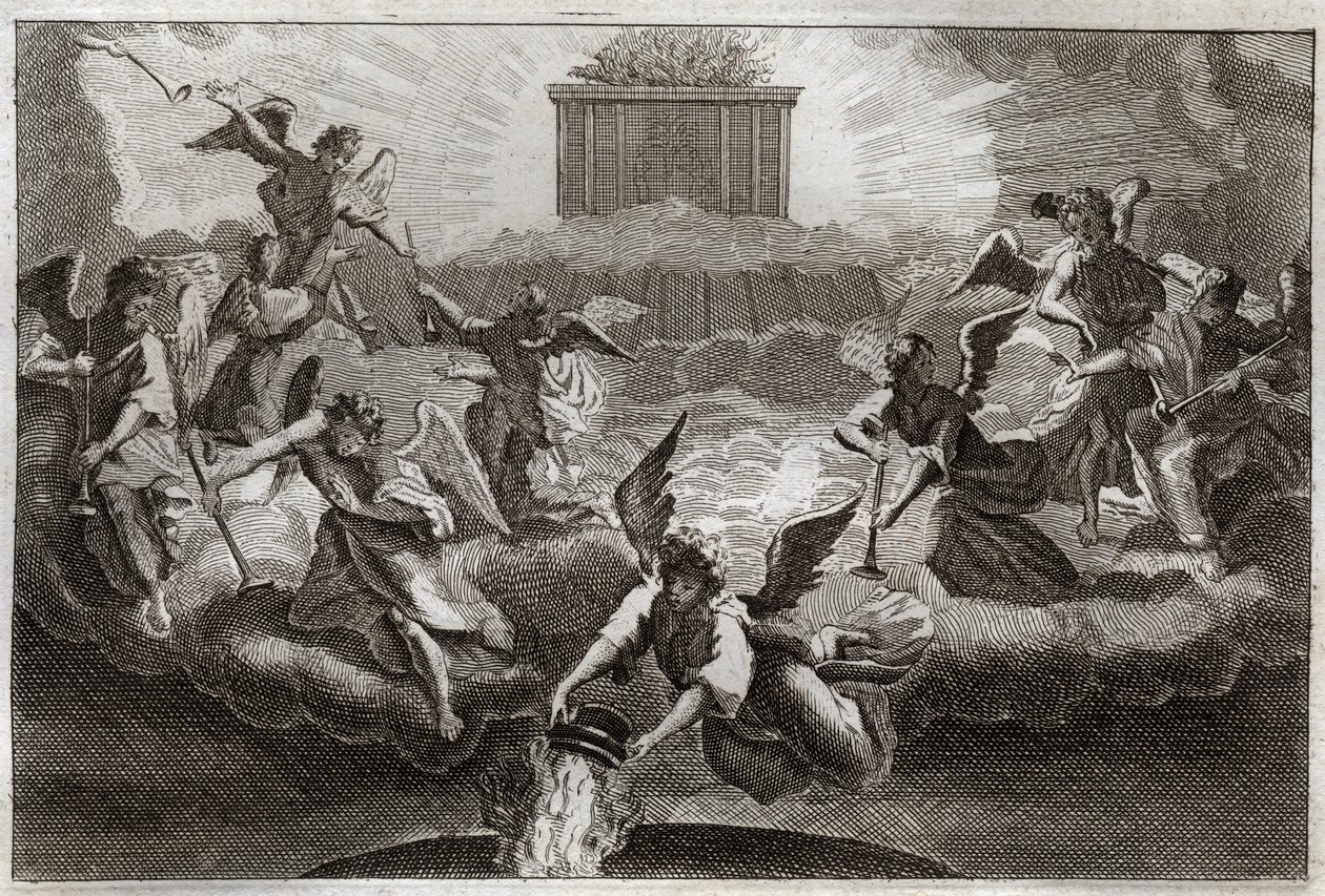 Royaumont Bibelen, Det nye testamente: Syv engler blåser i Åpenbaringens trompeter etter åpningen av det syvende segl i boken av Lammet. En annen engel tar et røkelseskar, fyller det med alterets ild og kaster det på jorden. Illustrasjon fra av Unknown artist