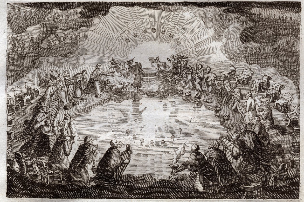 Royaumont Bibelen, Det nye testamente: Syv segl av boken åpnet av Lammet. De tjuefire eldste legger seg foran tronen omgitt av en løve, en okse, en mann og en ørn (tetramorf) og syv lamper. Illustrasjon fra 1811. av Unknown artist