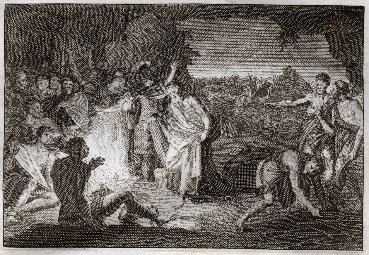 Royaumont Bibelen, Det nye testamente: St. Pauls forlis. Han er bitt med hoggorm uten skade. Illustrasjon fra 1811. av Unknown artist