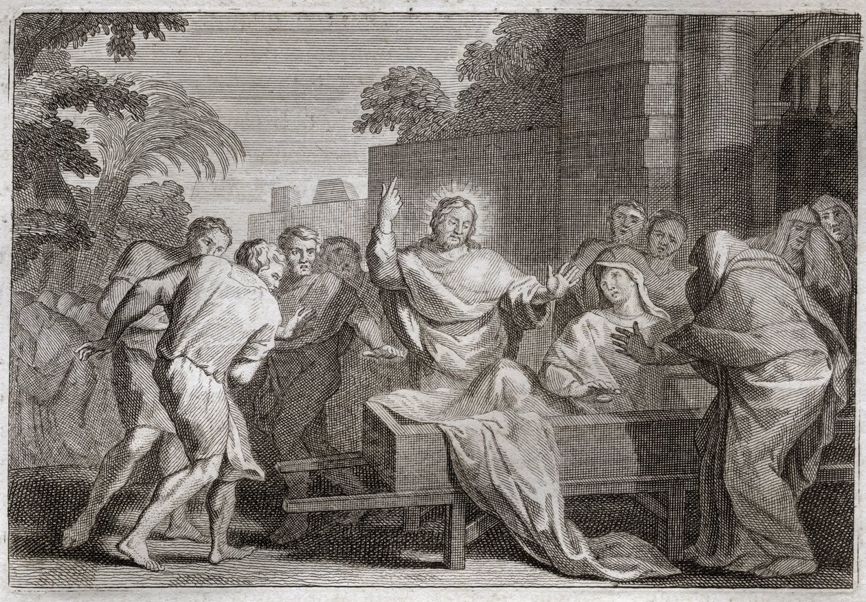 Royaumont Bible, New Testament: Son of the widow of Naim. Jesus Christ raises the son of a widow from the city of Naim. Illustration from 1811. av Unknown artist