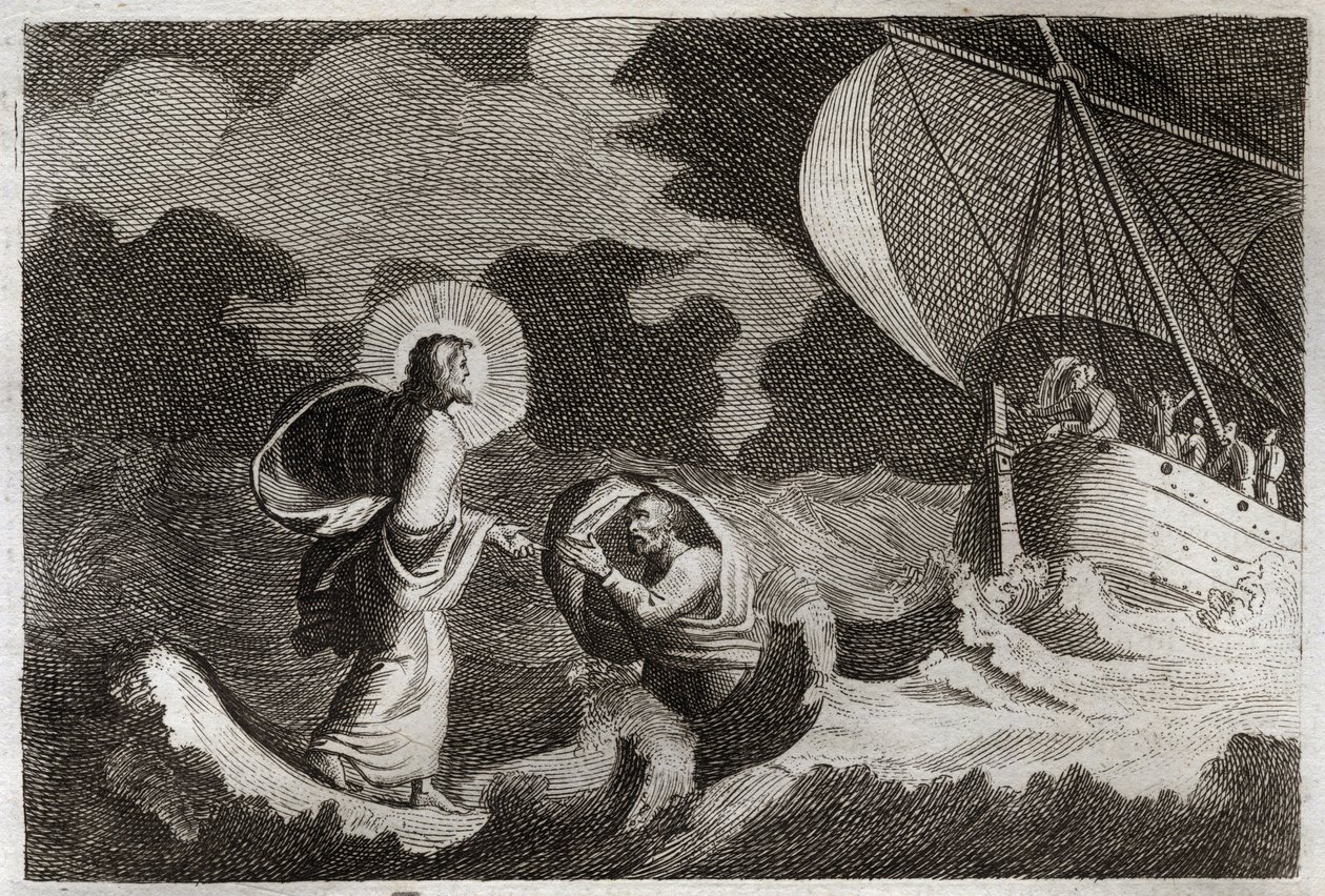 Royaumont Bibelen, Det nye testamente: St. Peter går på vannet. Jesus Kristus går på havet, og får Sankt Peter til å gå der. Illustrasjon fra 1811. av Unknown artist