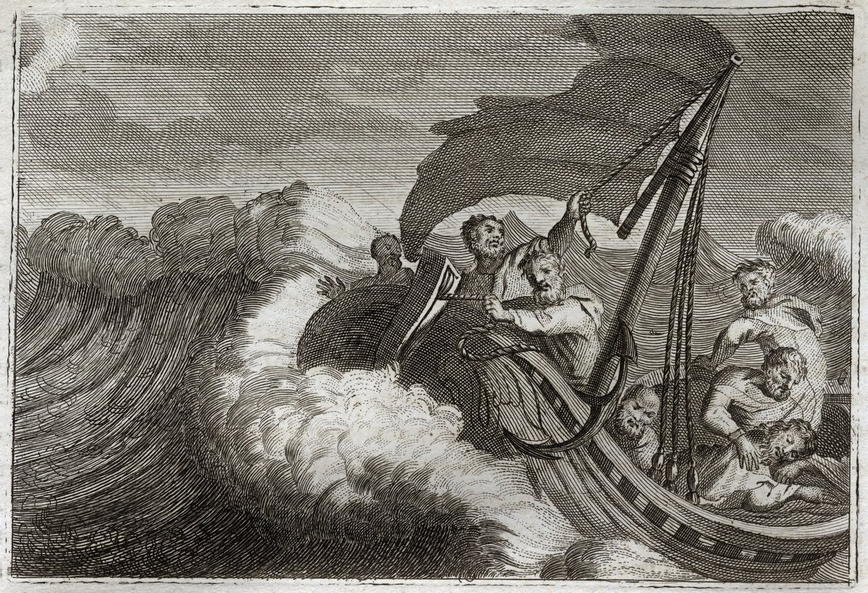 Royaumont Bibelen, Det nye testamente: Tempete bleknet. Apoterne blir overrasket av en storm vekket Jesus Kristus som sov i skipet deres, og han roer også ned Genesaretsjøen. Illustrasjon fra 1811. av Unknown artist