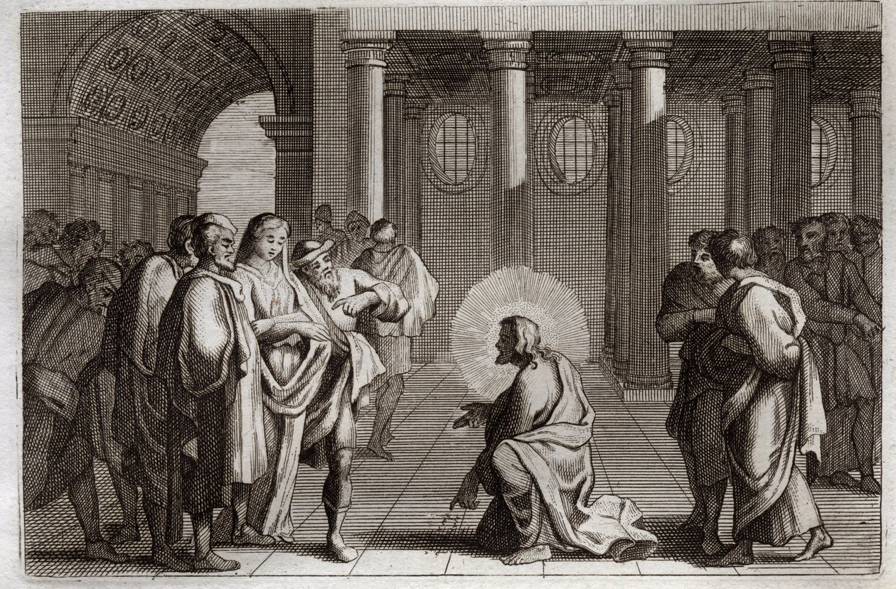 Royaumont Bibelen, Det nye testamente: Den utro kvinnen. Jesus Kristus lurer seg selv fra fellene som jødene la over ham, og spør ham hva som skal gjøres med en kvinne som er tatt i hor, og sier: «La ham av deg som er uten synd kaste bakken. av Unknown artist