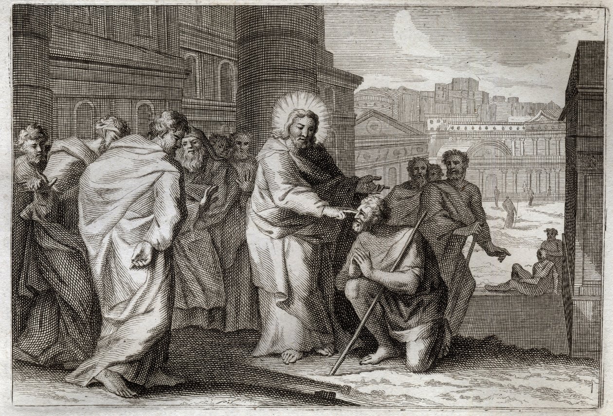 Royaumont Bible, New Testament: The Blind does. Jesus Christ miraculously warriors the Blind does. Illustration from 1811. av Unknown artist