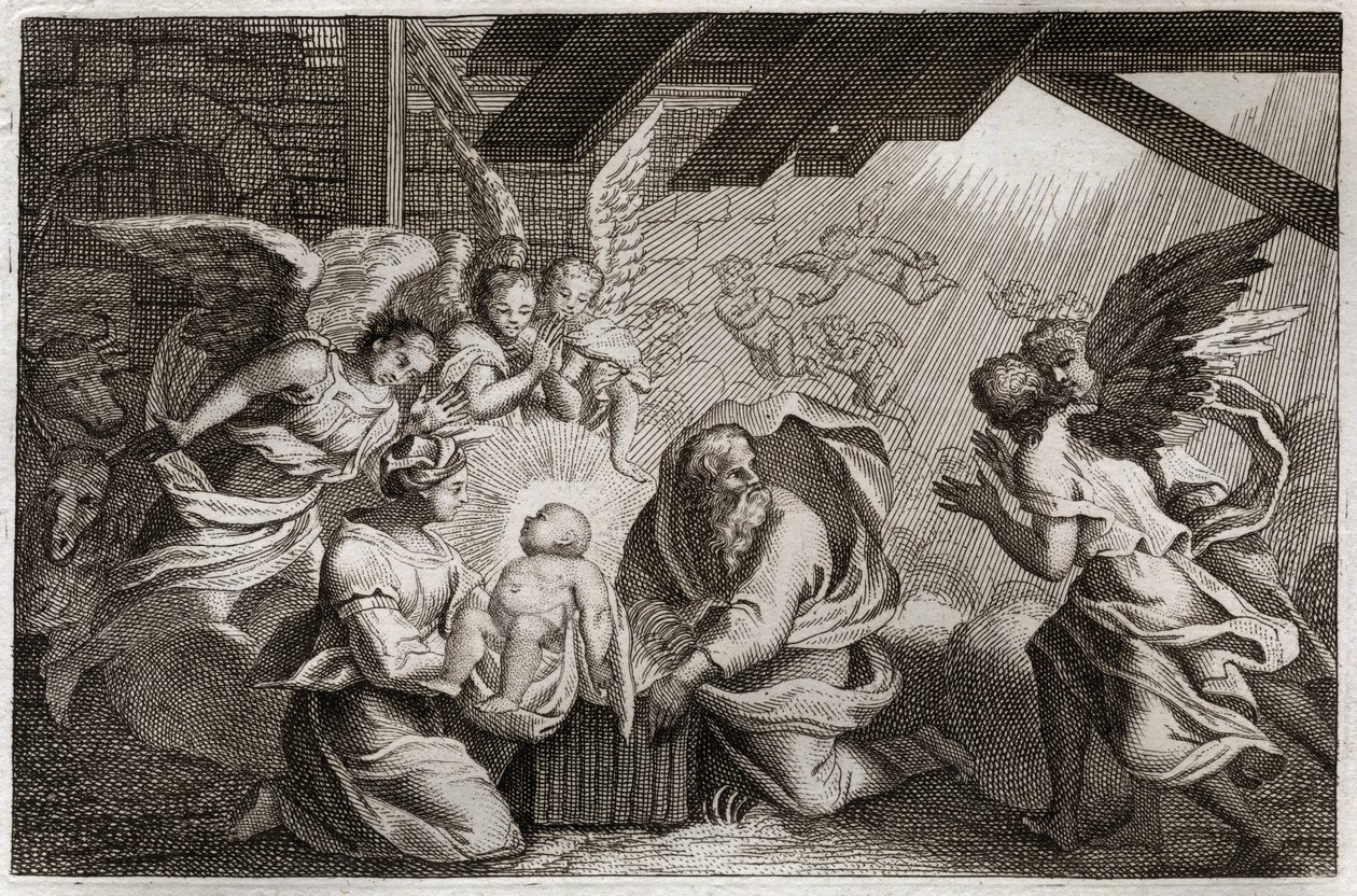Royaumont Bible, New Testament: The Nativity. Jesus Christ was born from the Blessed Virgin Mary in a stable in Bethleem. Illustration from 1811. av Unknown artist